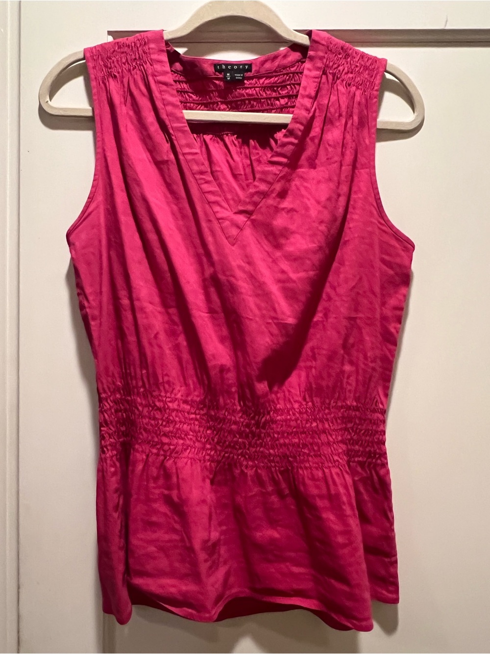 Theory Bright Pink Sleeveless V-Neck Smocked Waist Top